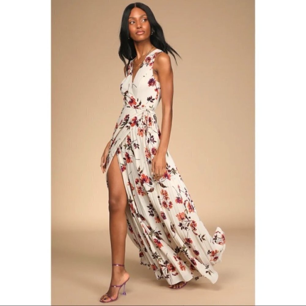 LULUS Lindsie Ivory Multi Floral Print Pleated Wrap Maxi Dress